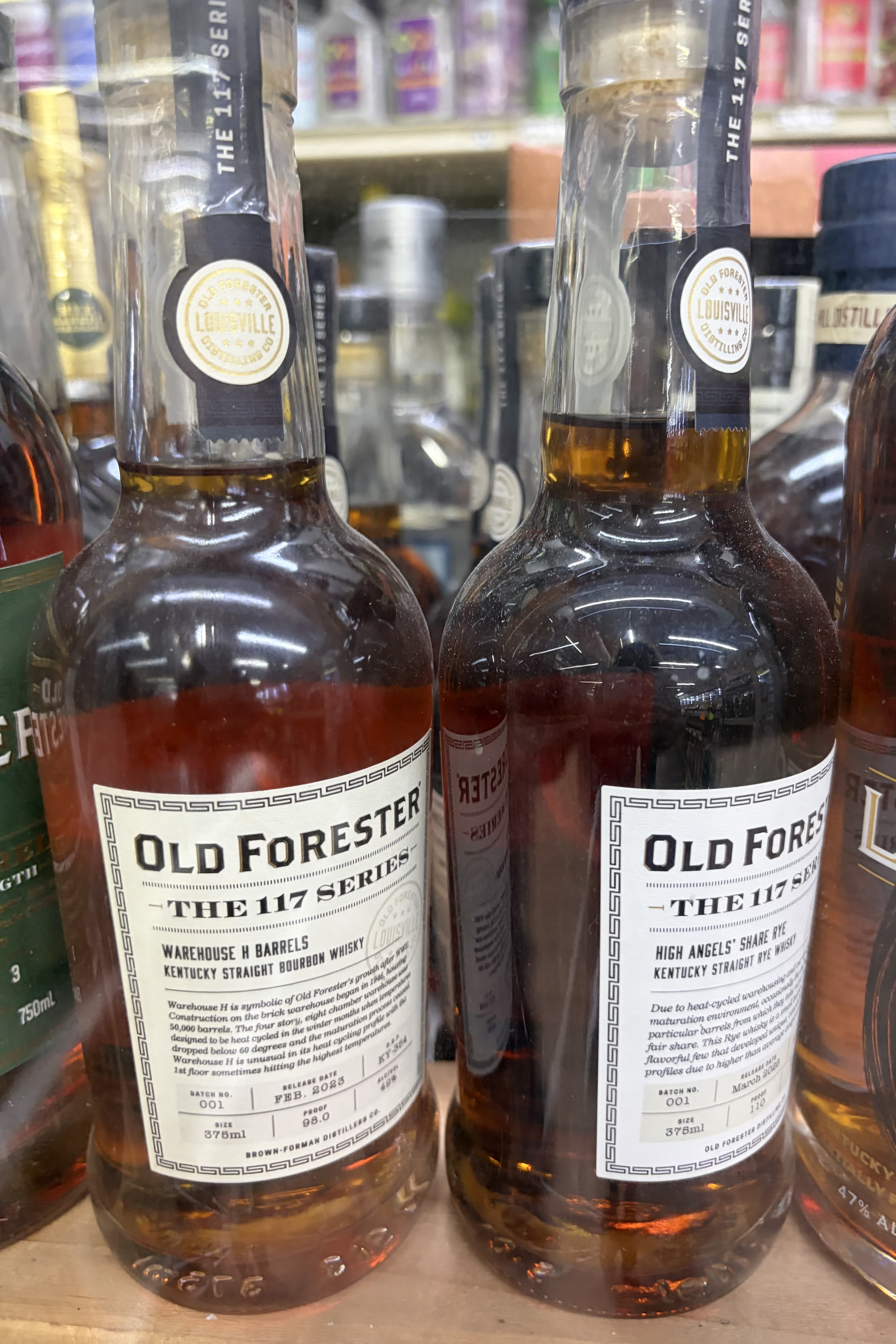 Two Old Forester The 117 Series bottles: Warehouse H bourbon and High Angels' Share rye, 375ml.