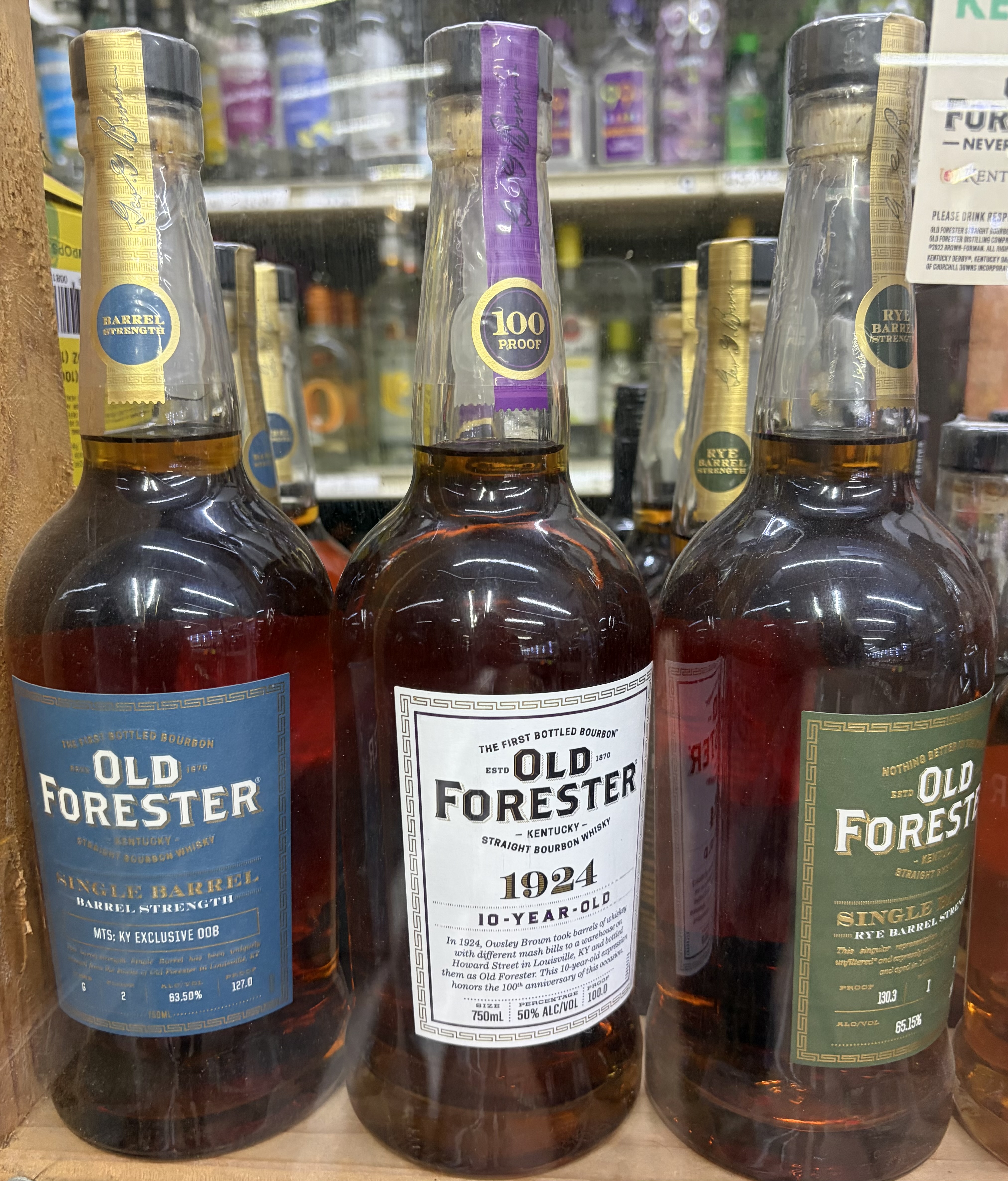 Old Forester Single Barrel Barrel Strength, 1924 10-Year-Old and Single Barrel Rye bottles.