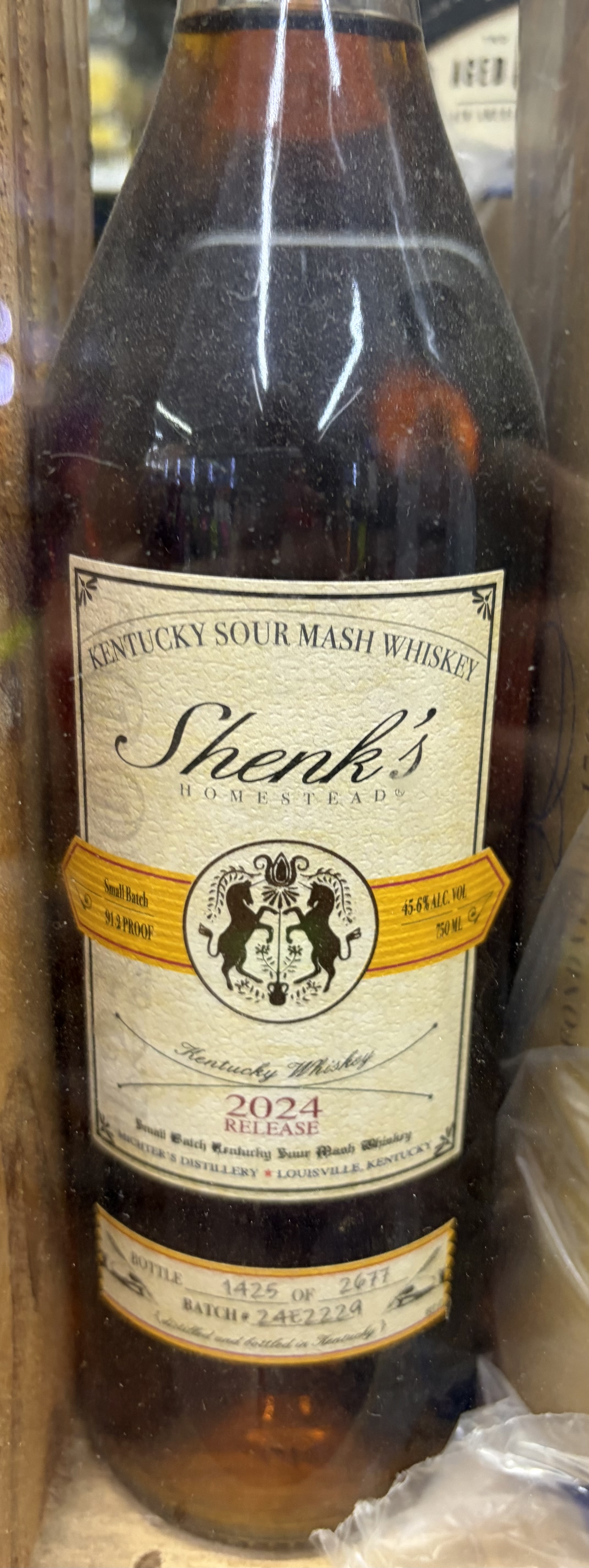 Shenk's Homestead 2024 Release Kentucky Sour Mash Whiskey from Michter's, numbered 1425 of 2677.