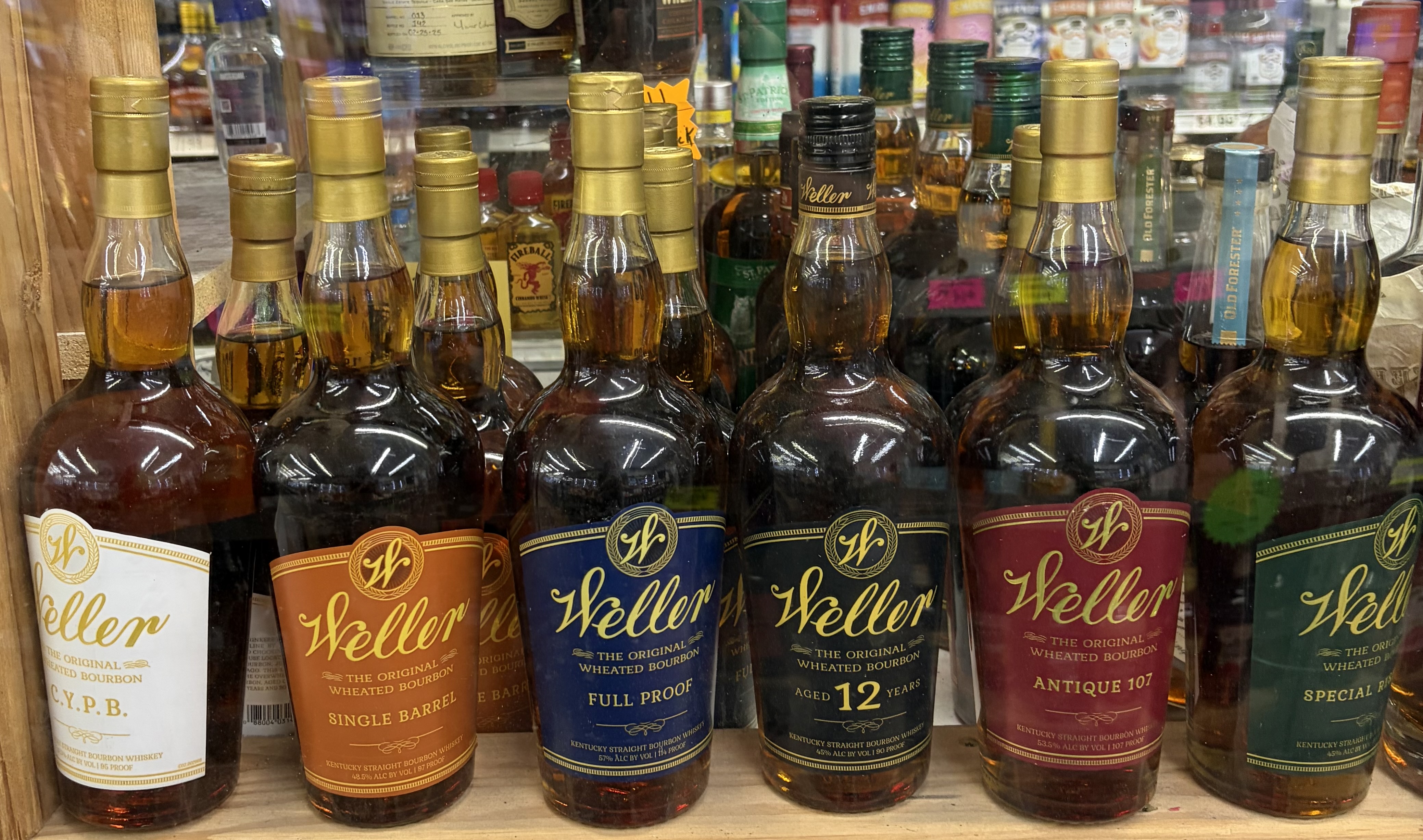 A lineup of W.L. Weller wheated bourbon: CYPB, Single Barrel, Full Proof, 12 Year, Antique 107 and Special Reserve.