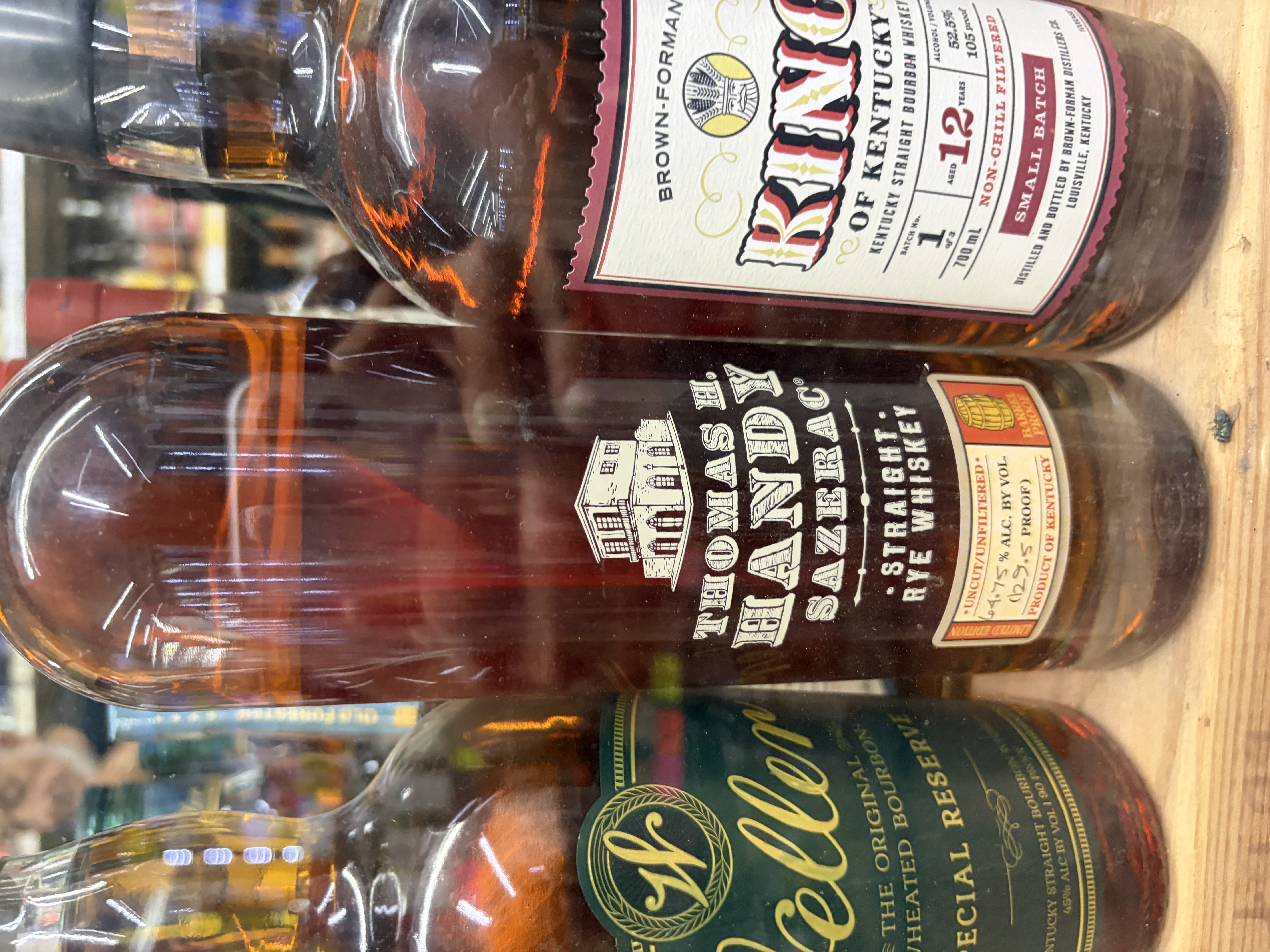 King of Kentucky 12-Year barrel-proof bourbon, Thomas H. Handy Sazerac rye and Weller Special Reserve.