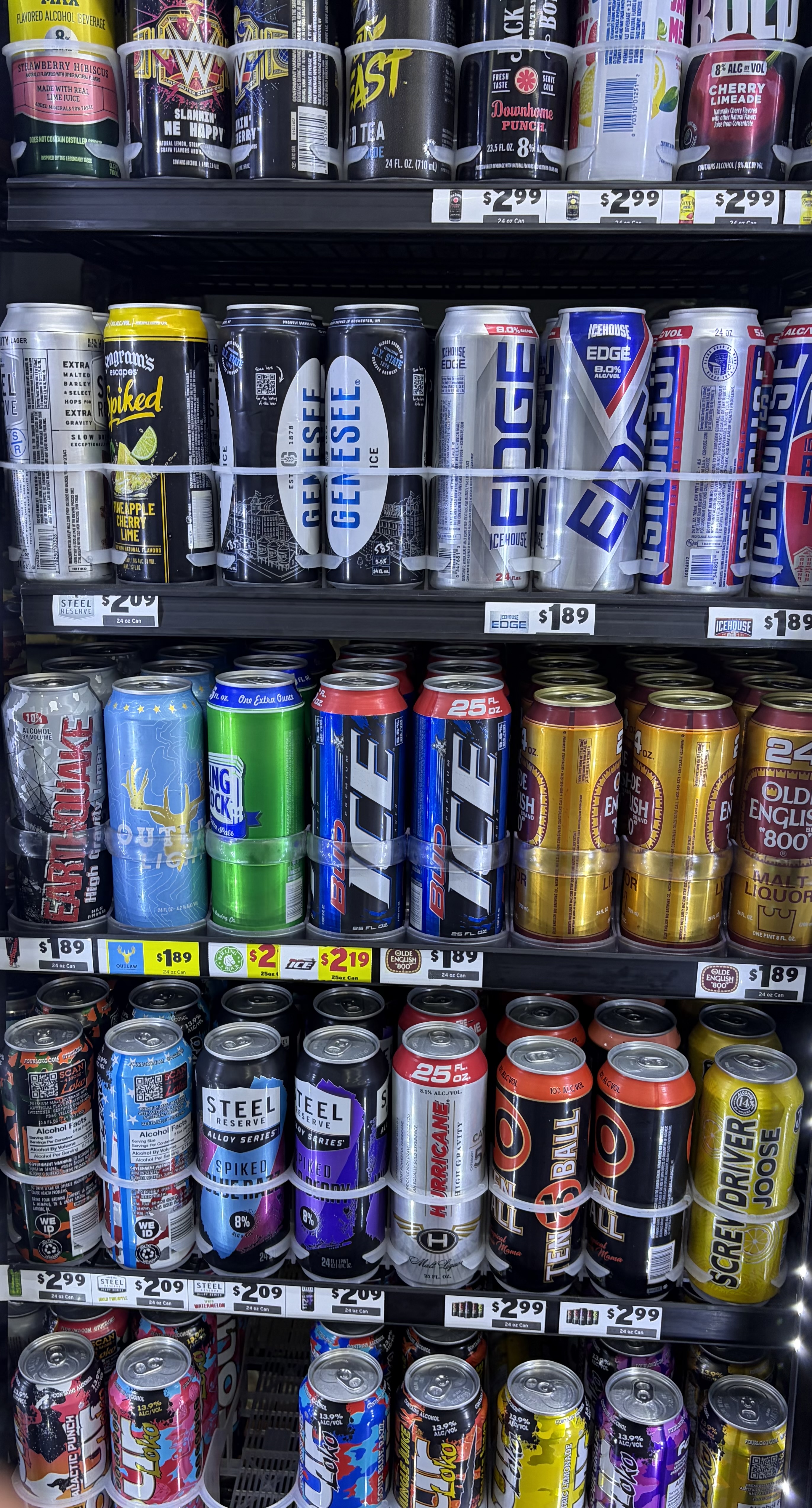 Single high-gravity malt liquor cans including Steel Reserve, Icehouse Edge, Olde English and Four Loko.
