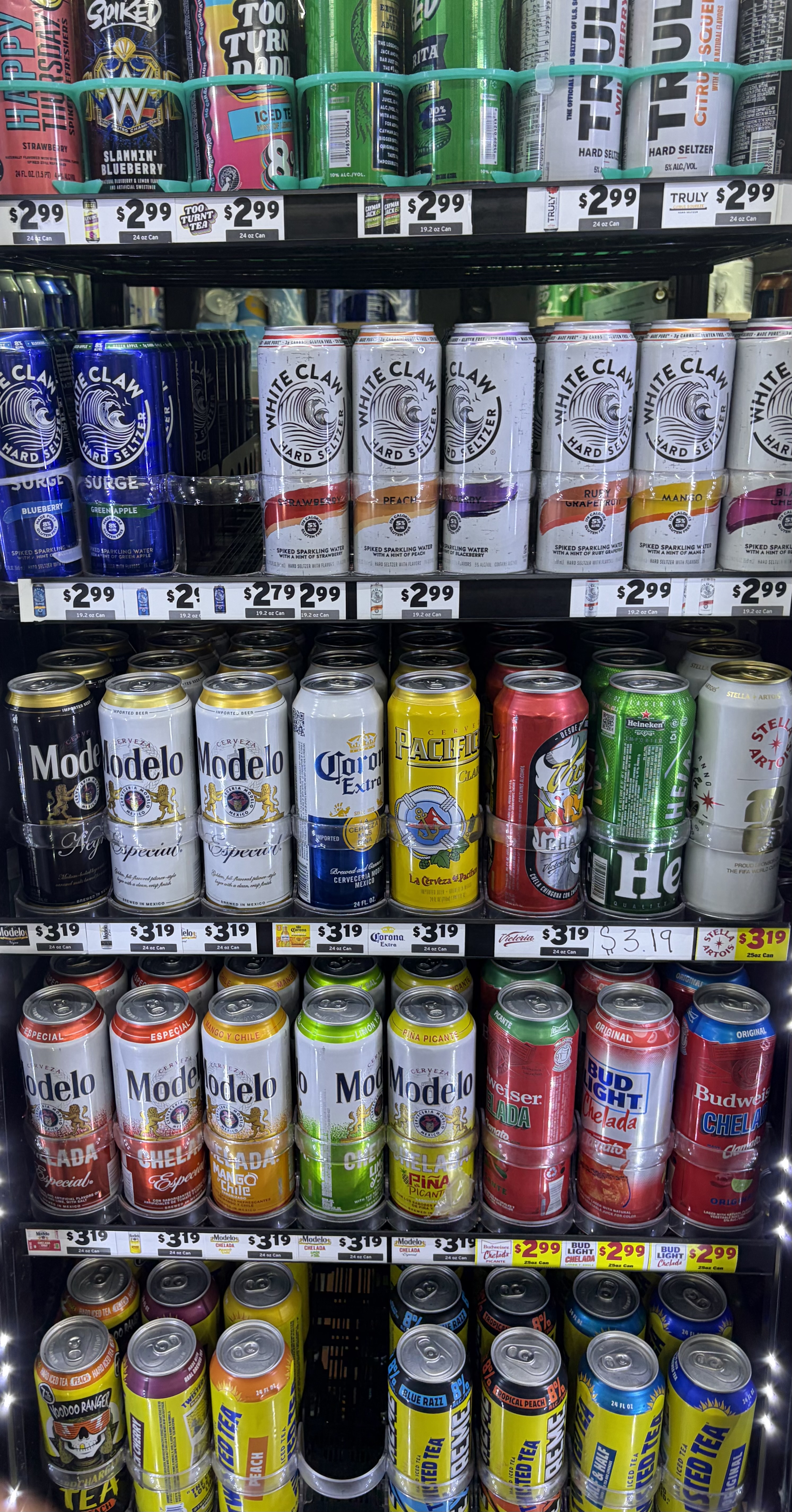 Tall-boy 24oz cans of Modelo, Corona, Pacifico and Chelada.